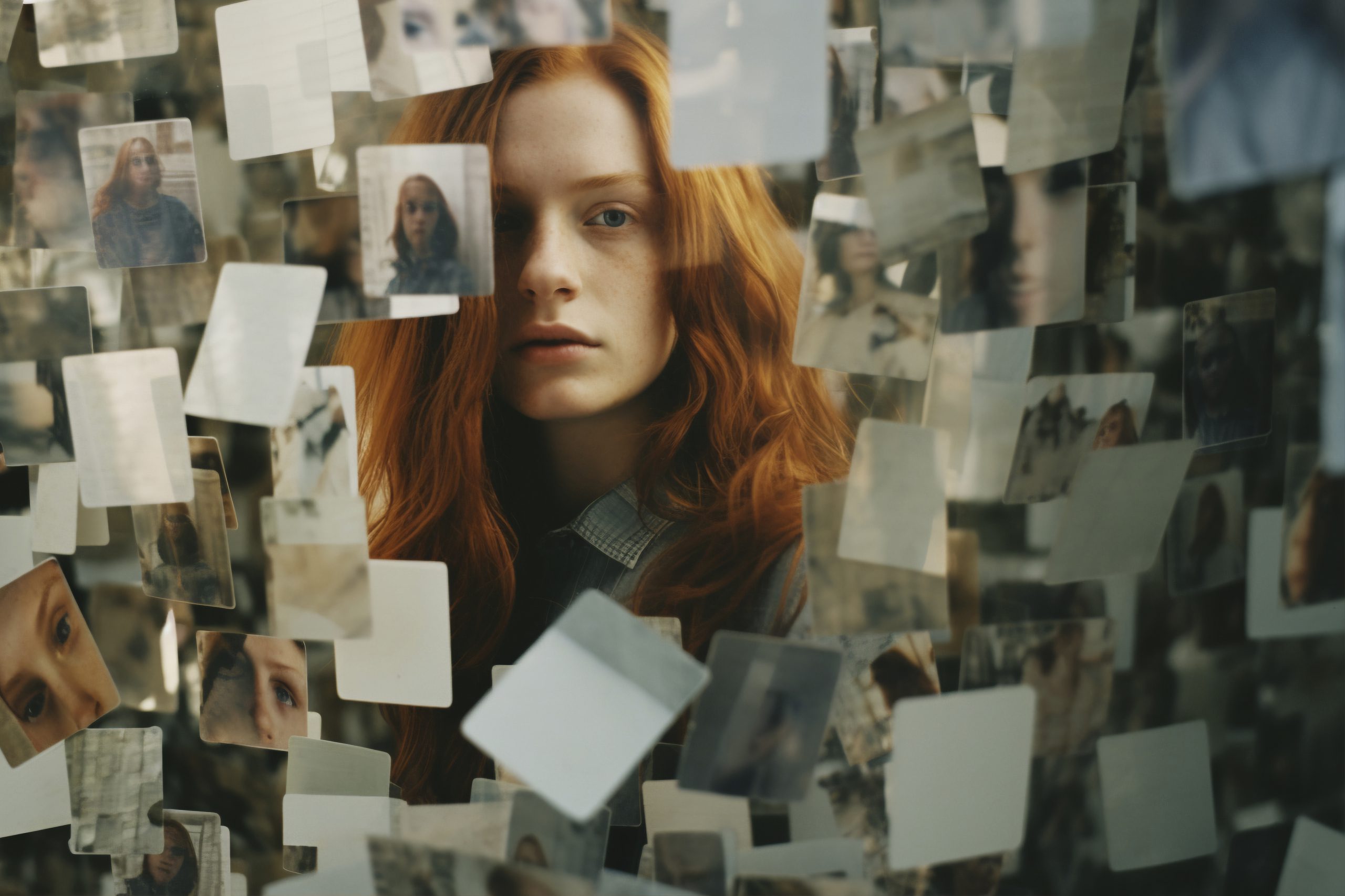 libertação - mulher a descobrir-se com muitas fotos da sua cara à sua volta